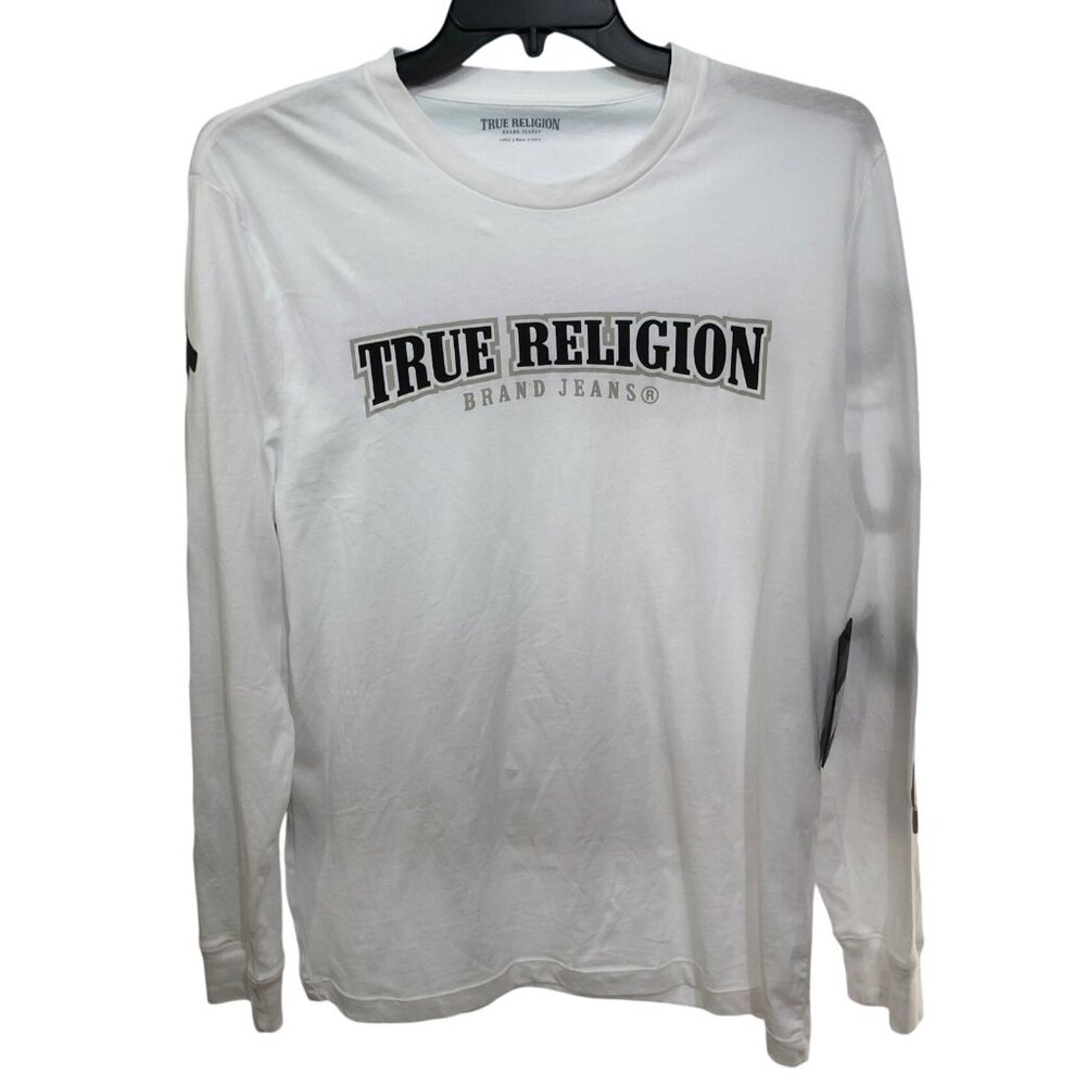 NWT True Religion T Shirt Mens Large Long Sleeves Crewneck White Logo White Blac